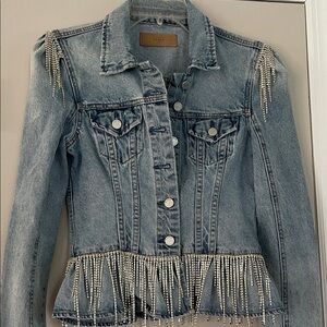 Blank NYC Light Blue Denim Jacket with Rhinestone Fringe